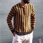 Men's Henley Colr Vertical Stripe Casual Knit Sweater