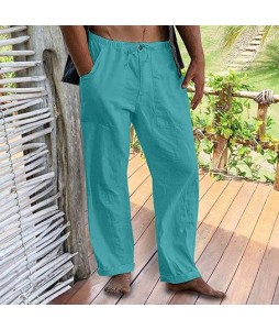 Men's Linen Estic Waist Drawstring Pocket Loose Casual Pants