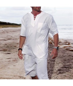 Men's Linen Casual Beach Breathable ce-Up Tops Shirt