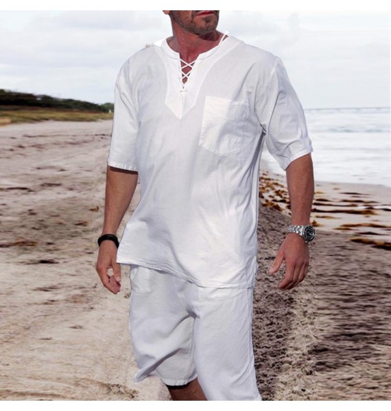 Men's Linen Casual Beach Breathable ce-Up Tops Shirt