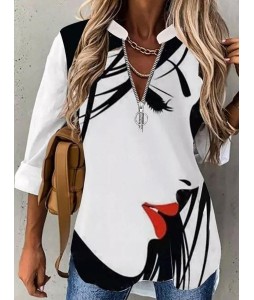 Art Face Print Casual Loose Long-sleeved Blouse