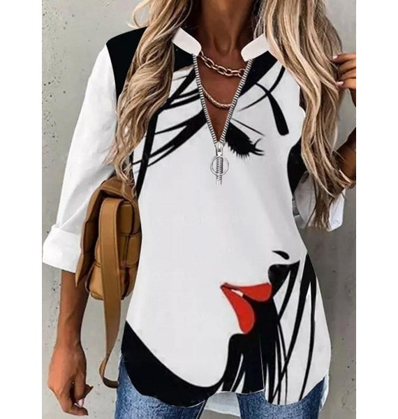 Art Face Print Casual Loose Long-sleeved Blouse