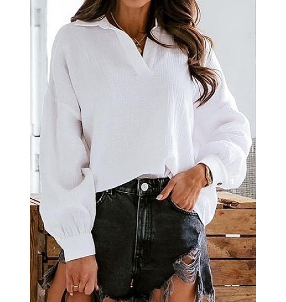 Casual Solid Color pel V-Neck Long Sleeve Blouse