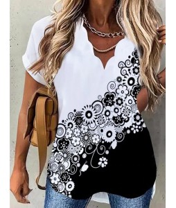 Fashion Floral Print Wavy V-Neck Short Sleeve Blouse