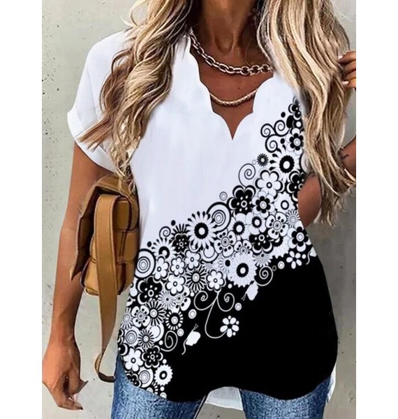 Fashion Floral Print Wavy V-Neck Short Sleeve Blouse