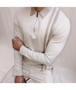 Color-matched Striped Long-sleeved Polo Shirt