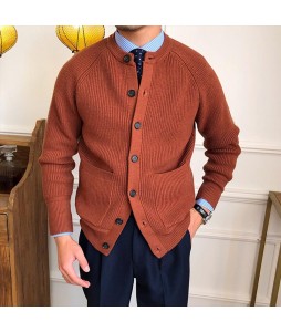 Men's Retro British Style Casual Cardigan Sweater Stand Colr Long Sleeve Knit Jacket