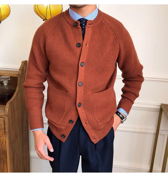 Men's Retro British Style Casual Cardigan Sweater Stand Colr Long Sleeve Knit Jacket