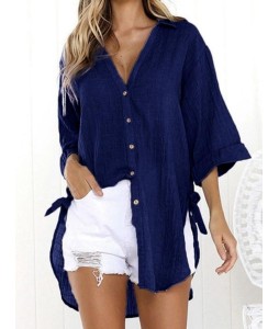 Casual Loose Button Irregur Solid Color Half Sleeve Shirt