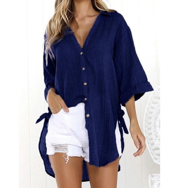 Casual Loose Button Irregur Solid Color Half Sleeve Shirt