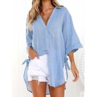 Casual Loose Button Irregur Solid Color Half Sleeve Shirt