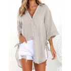 Casual Loose Button Irregur Solid Color Half Sleeve Shirt