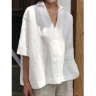 Turn Down Colr Pin Short Sleeve Linen Blouse