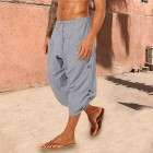 Men's Boho Linen Drawstring Loose Pockets Casual 7 Point Pants