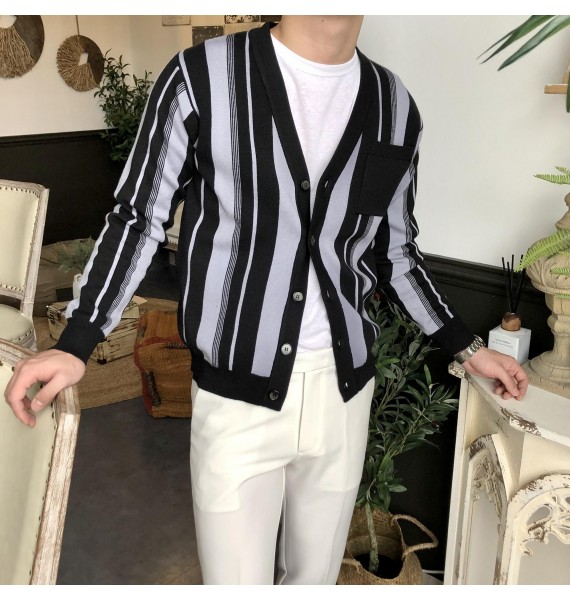 Elegant Men's Striped Knit Cardigan