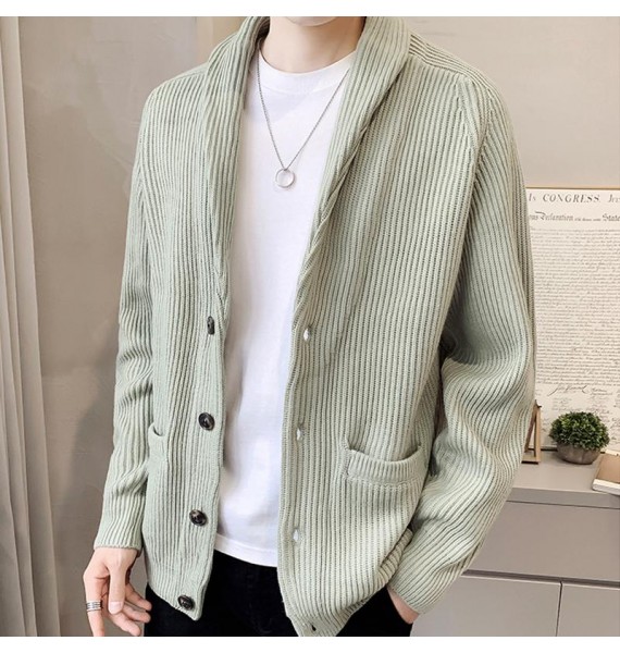 Solid Color V-neck Long-sleeved Casual Pocket Knitted Sweater Cardigan