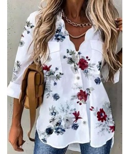 V-neck Floral Print Casual Loose Long-sleeved Blouse