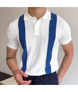 White Striped Slim Knit Polo Shirt