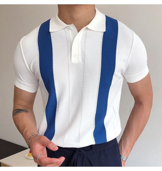 White Striped Slim Knit Polo Shirt