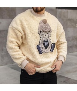 Bear Embroidered Fleece Crew Neck Sweatshirt