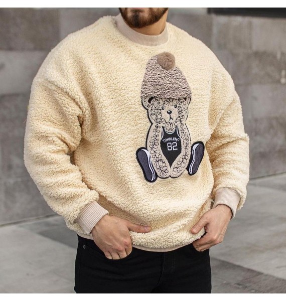 Bear Embroidered Fleece Crew Neck Sweatshirt