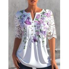 V-neck Cutout Casual Loose Floral Print Short Sleeve Blouse