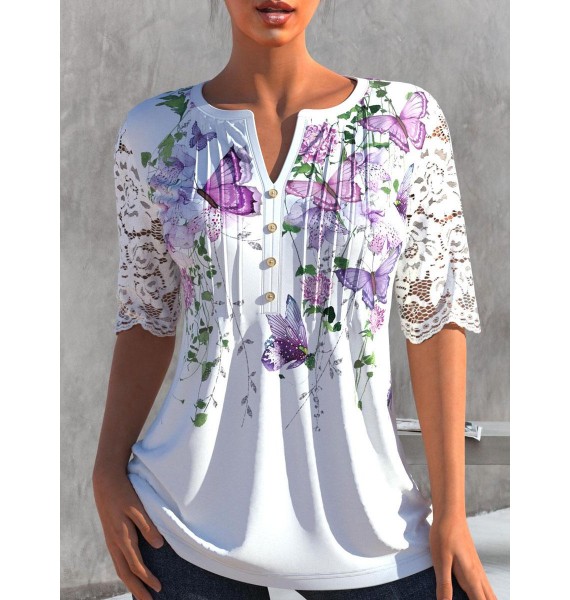 V-neck Cutout Casual Loose Floral Print Short Sleeve Blouse