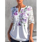 V-neck Cutout Casual Loose Floral Print Short Sleeve Blouse