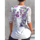 V-neck Cutout Casual Loose Floral Print Short Sleeve Blouse