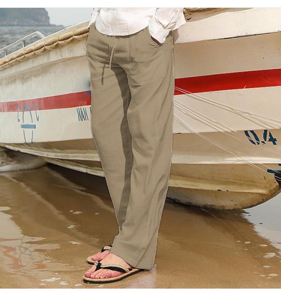 Men's Solid Color Casual Breathable Linen Multi Pocket Trousers