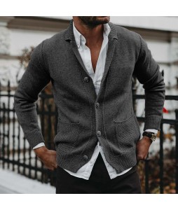 Men's Solid V-Neck Long Sleeve Pocket Knit Cardigan