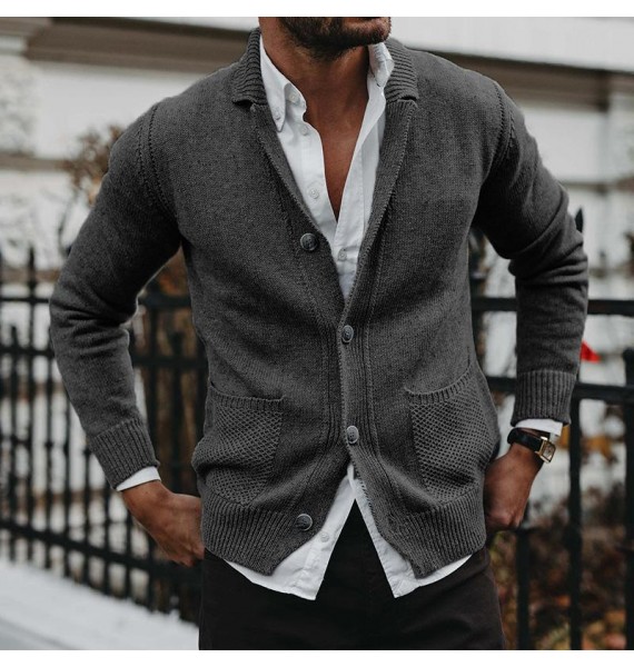 Men's Solid V-Neck Long Sleeve Pocket Knit Cardigan