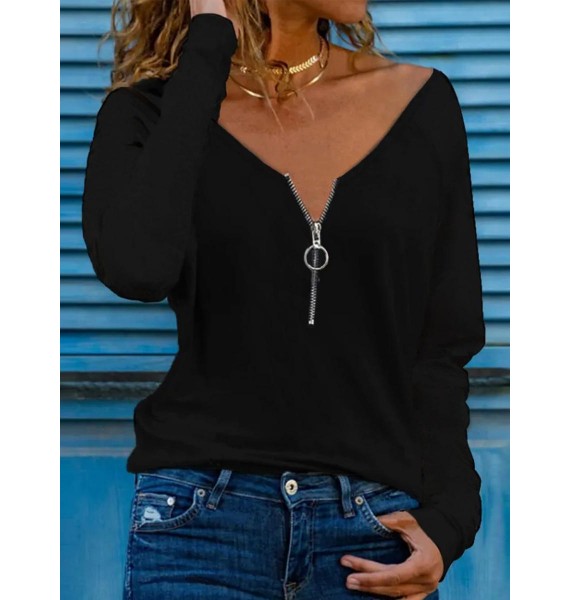 Casual Solid Color Zip V-Neck Long Sleeve Shirt