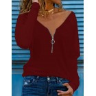 Casual Solid Color Zip V-Neck Long Sleeve Shirt