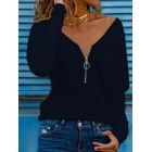 Casual Solid Color Zip V-Neck Long Sleeve Shirt