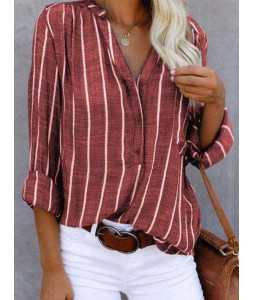 Cotton And Linen Striped Printed Long-sleeved Blouse