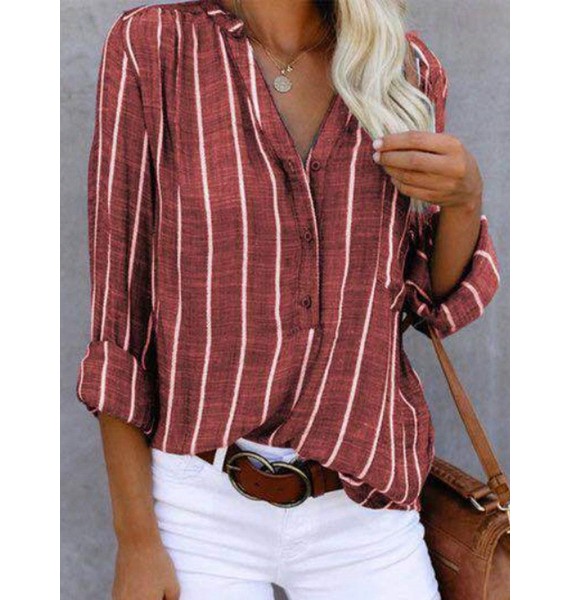 Cotton And Linen Striped Printed Long-sleeved Blouse