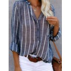 Cotton And Linen Striped Printed Long-sleeved Blouse