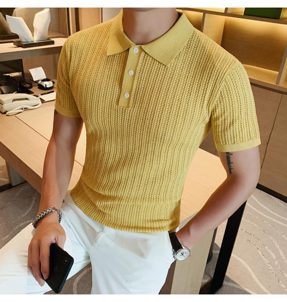 solid color slim-fit pel knitted casual polo shirt