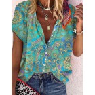 Stand Colr Geometric Print Loose Short Sleeve Blouse