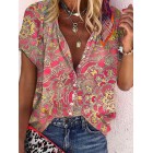 Stand Colr Geometric Print Loose Short Sleeve Blouse