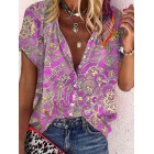 Stand Colr Geometric Print Loose Short Sleeve Blouse