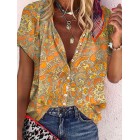 Stand Colr Geometric Print Loose Short Sleeve Blouse