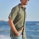 Men's Casual Solid Color Resort Linen Short Sleeve pel Shirt