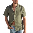 Men's Casual Solid Color Resort Linen Short Sleeve pel Shirt