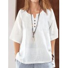 Solid Color Buttons V Neck Half Sleeves Blouse