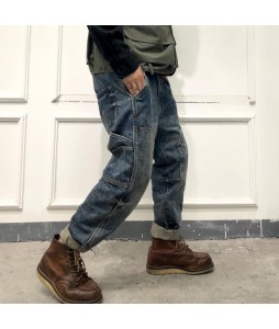 Loose distressed retro stitching tooling motorcycle jeans