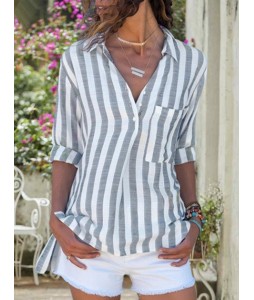 Summer Striped Cotton Blends Long Sleeve Casual Blouse