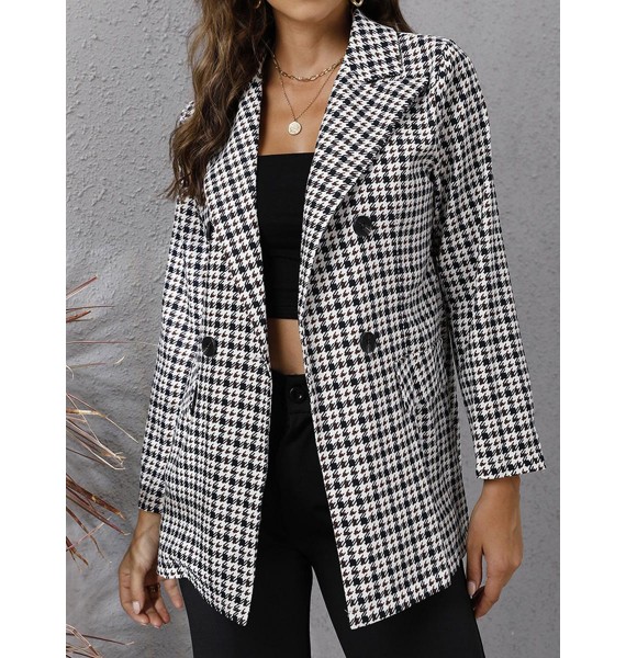 dies Houndstooth Long Sleeve Casual Coat