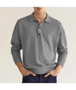 Men's Casual V-Neck Button Long Sleeve Polo Shirt Top